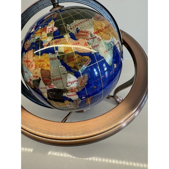 VINTAGE LAPIS LAZULI WORLD GLOBE DESK TABLE TOP GEMSTONES COPPER STAND COMPASS - Picture 8 of 16